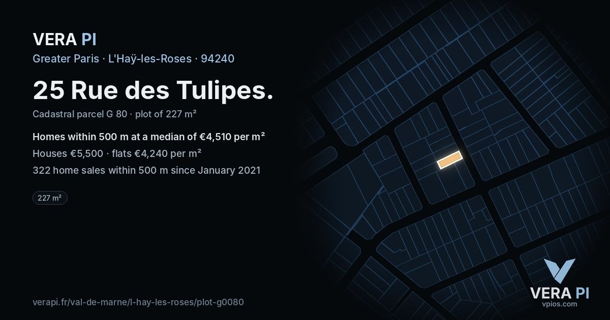 25 Rue des Tulipes, L'Haÿ-les-Roses at night – the plot lit, the parcels around coloured by the prices near them