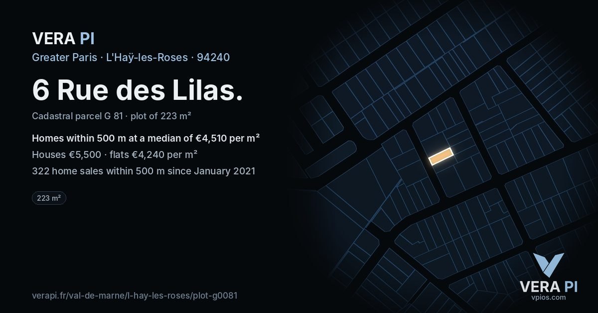 6 Rue des Lilas, L'Haÿ-les-Roses at night – the plot lit, the parcels around coloured by the prices near them