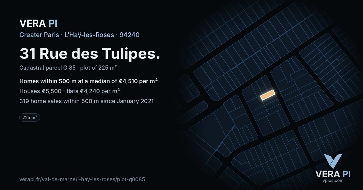 31 Rue des Tulipes, L'Haÿ-les-Roses at night – the plot lit, the parcels around coloured by the prices near them