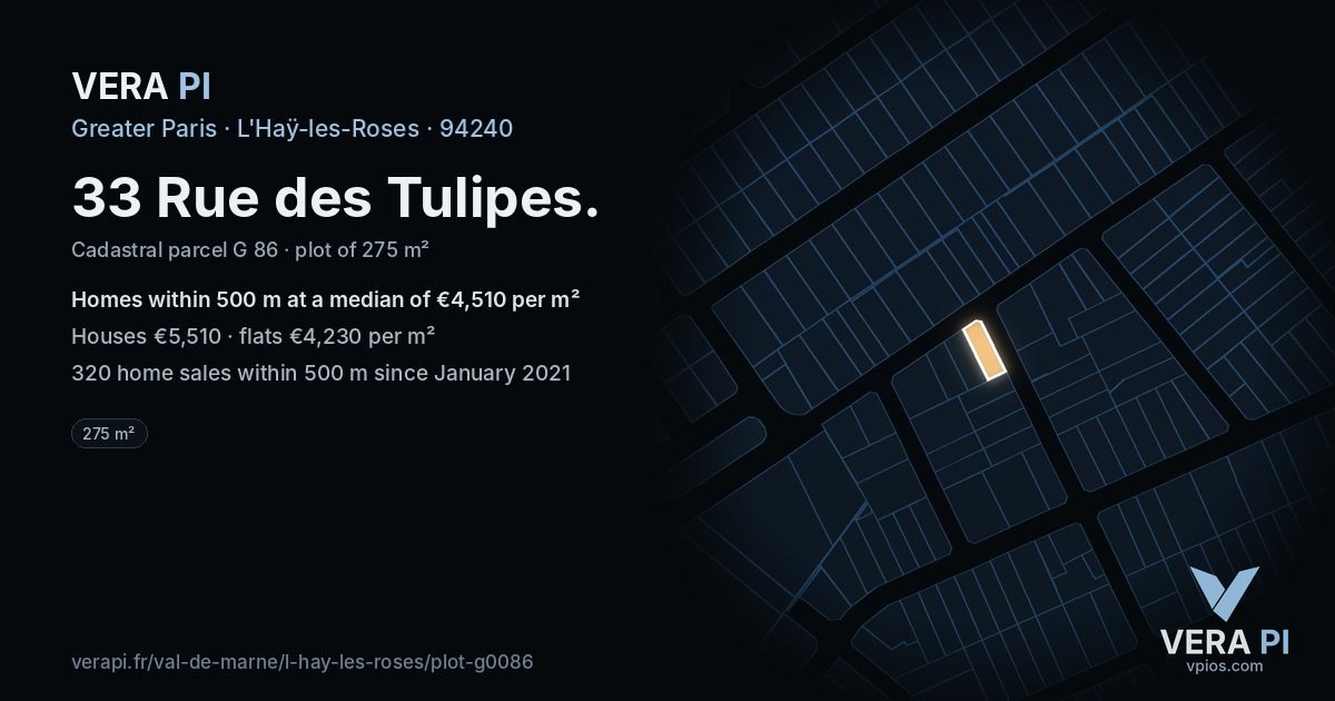 33 Rue des Tulipes, L'Haÿ-les-Roses at night – the plot lit, the parcels around coloured by the prices near them
