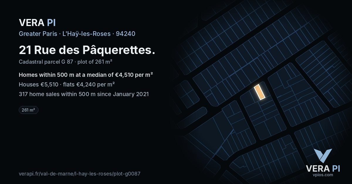21 Rue des Pâquerettes, L'Haÿ-les-Roses at night – the plot lit, the parcels around coloured by the prices near them