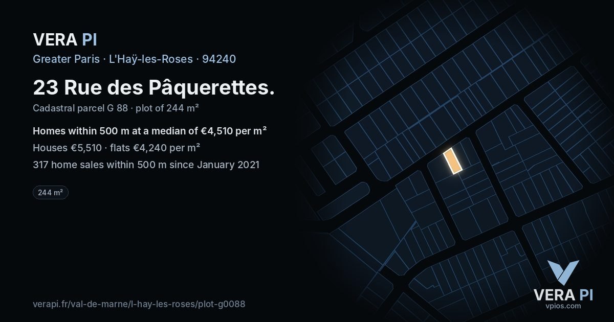 23 Rue des Pâquerettes, L'Haÿ-les-Roses at night – the plot lit, the parcels around coloured by the prices near them