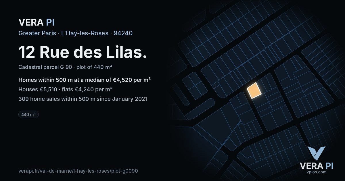 12 Rue des Lilas, L'Haÿ-les-Roses at night – the plot lit, the parcels around coloured by the prices near them