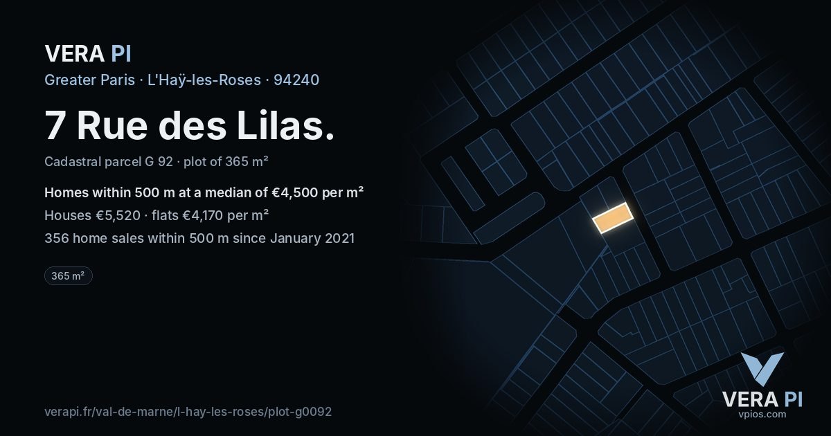 7 Rue des Lilas, L'Haÿ-les-Roses at night – the plot lit, the parcels around coloured by the prices near them