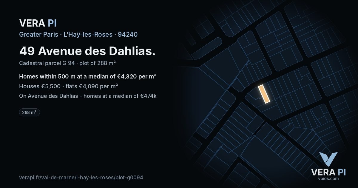49 Avenue des Dahlias, L'Haÿ-les-Roses at night – the plot lit, the parcels around coloured by the prices near them