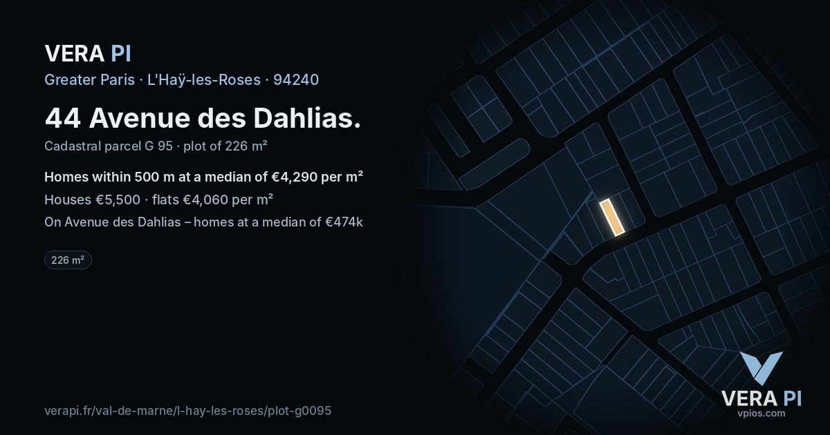 44 Avenue des Dahlias, L'Haÿ-les-Roses at night – the plot lit, the parcels around coloured by the prices near them