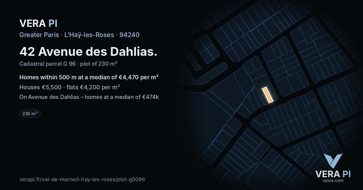 42 Avenue des Dahlias, L'Haÿ-les-Roses at night – the plot lit, the parcels around coloured by the prices near them