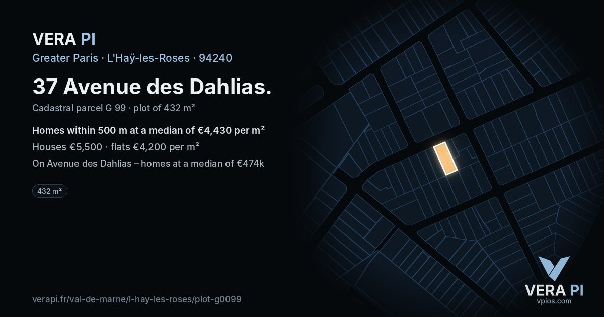 37 Avenue des Dahlias, L'Haÿ-les-Roses at night – the plot lit, the parcels around coloured by the prices near them