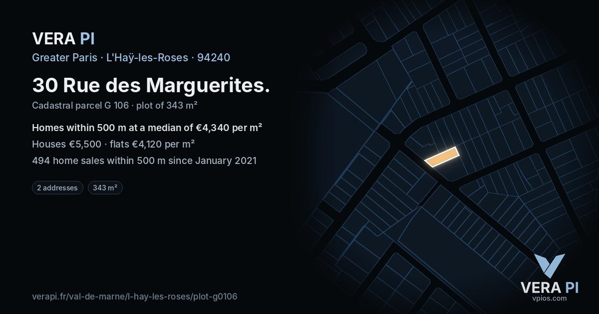 30 Rue des Marguerites, L'Haÿ-les-Roses at night – the plot lit, the parcels around coloured by the prices near them