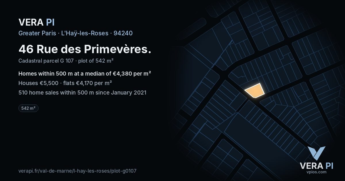 46 Rue des Primevères, L'Haÿ-les-Roses at night – the plot lit, the parcels around coloured by the prices near them