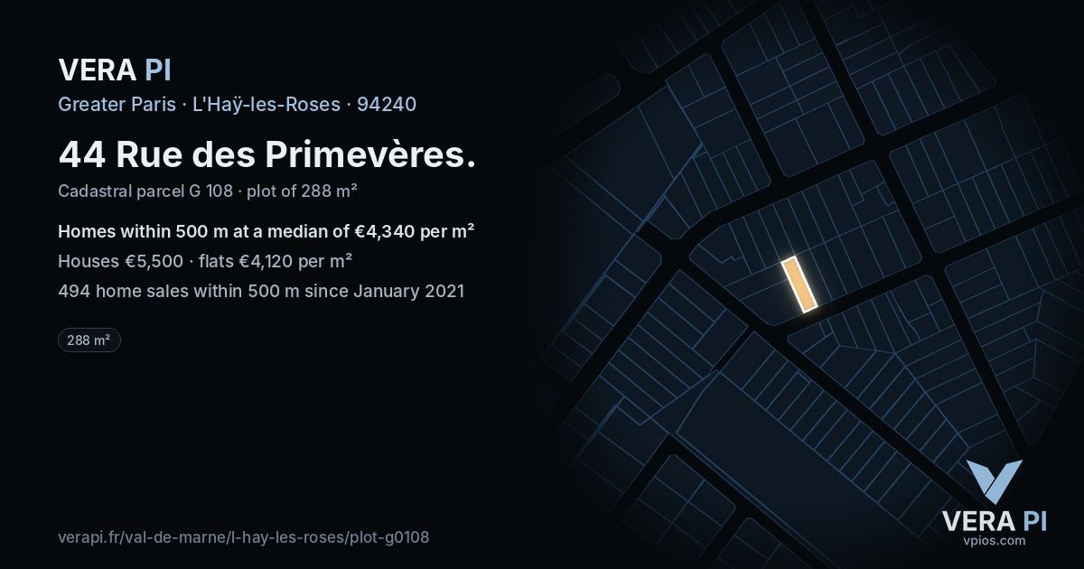 44 Rue des Primevères, L'Haÿ-les-Roses at night – the plot lit, the parcels around coloured by the prices near them