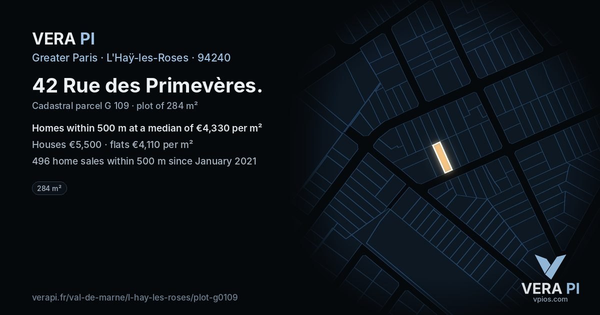 42 Rue des Primevères, L'Haÿ-les-Roses at night – the plot lit, the parcels around coloured by the prices near them