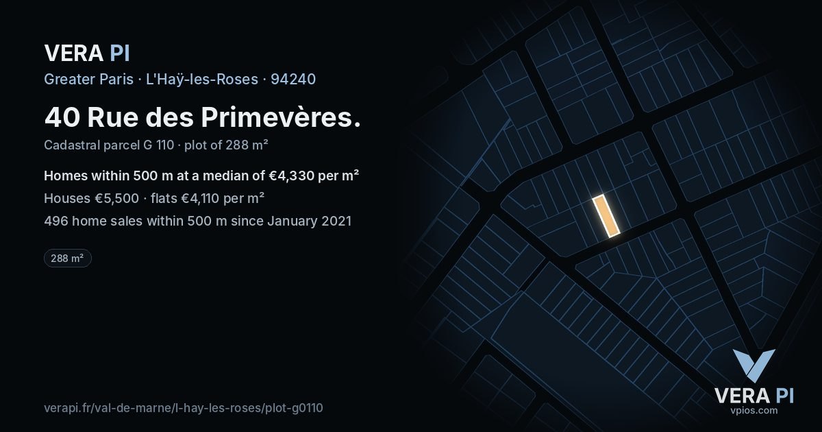 40 Rue des Primevères, L'Haÿ-les-Roses at night – the plot lit, the parcels around coloured by the prices near them