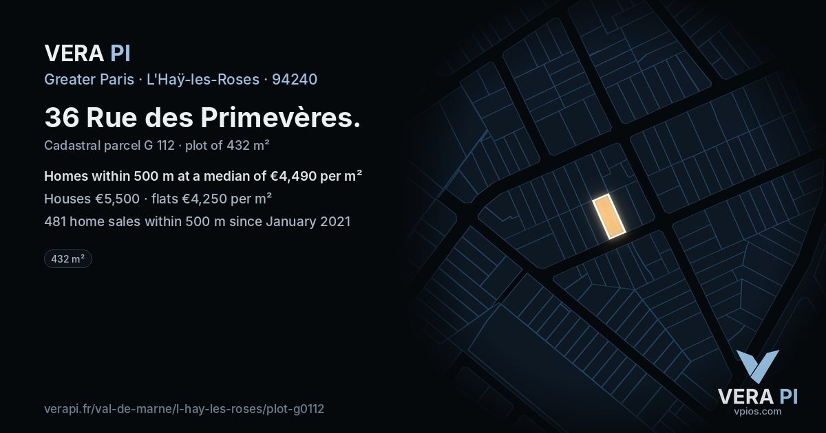 36 Rue des Primevères, L'Haÿ-les-Roses at night – the plot lit, the parcels around coloured by the prices near them