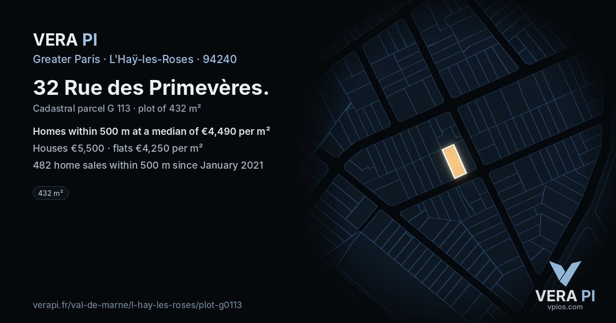 32 Rue des Primevères, L'Haÿ-les-Roses at night – the plot lit, the parcels around coloured by the prices near them