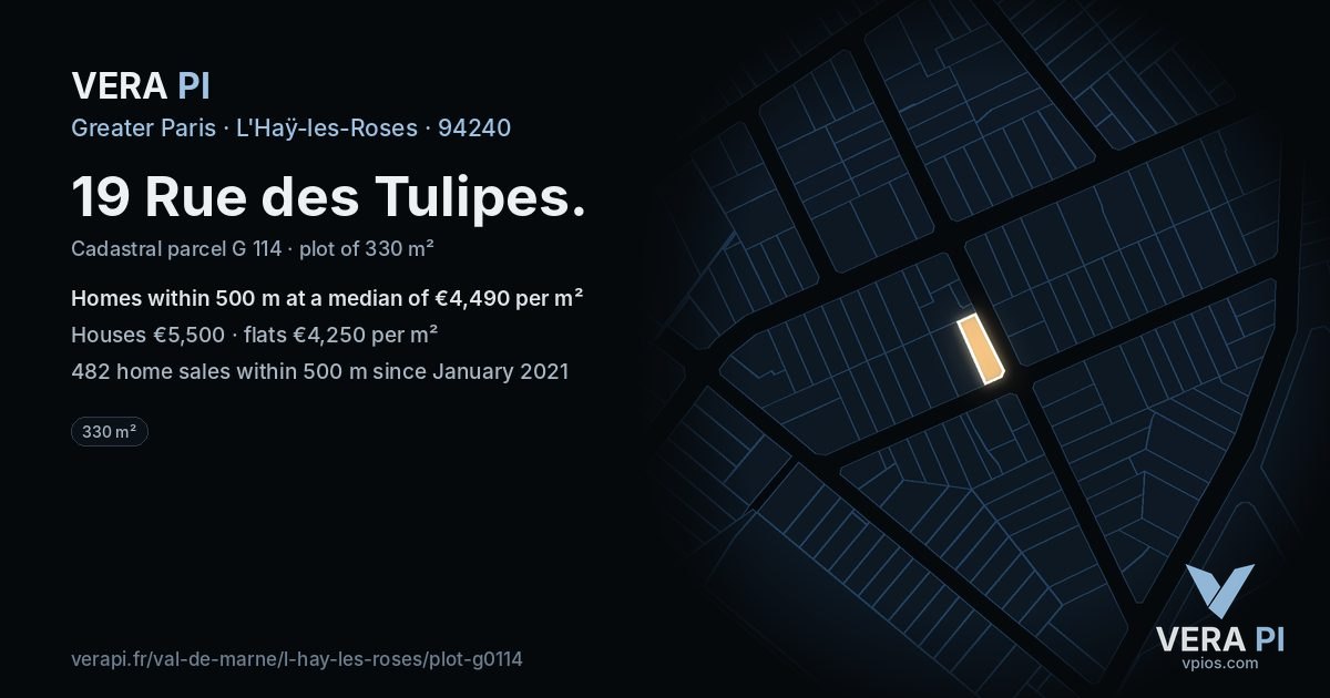 19 Rue des Tulipes, L'Haÿ-les-Roses at night – the plot lit, the parcels around coloured by the prices near them