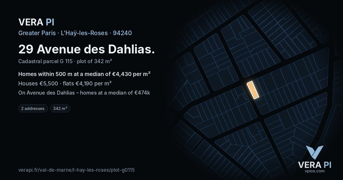 29 Avenue des Dahlias, L'Haÿ-les-Roses at night – the plot lit, the parcels around coloured by the prices near them