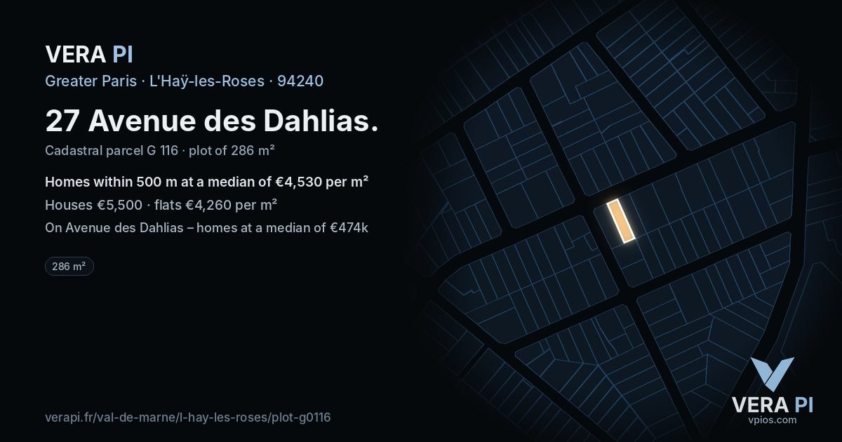 27 Avenue des Dahlias, L'Haÿ-les-Roses at night – the plot lit, the parcels around coloured by the prices near them