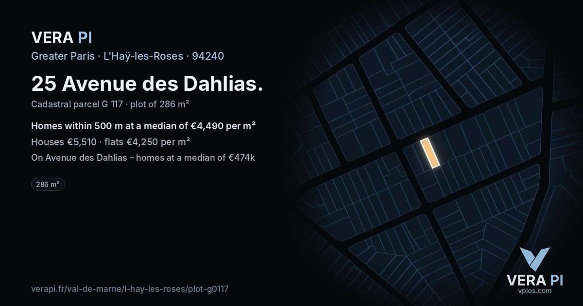 25 Avenue des Dahlias, L'Haÿ-les-Roses at night – the plot lit, the parcels around coloured by the prices near them