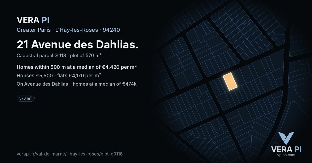 21 Avenue des Dahlias, L'Haÿ-les-Roses at night – the plot lit, the parcels around coloured by the prices near them