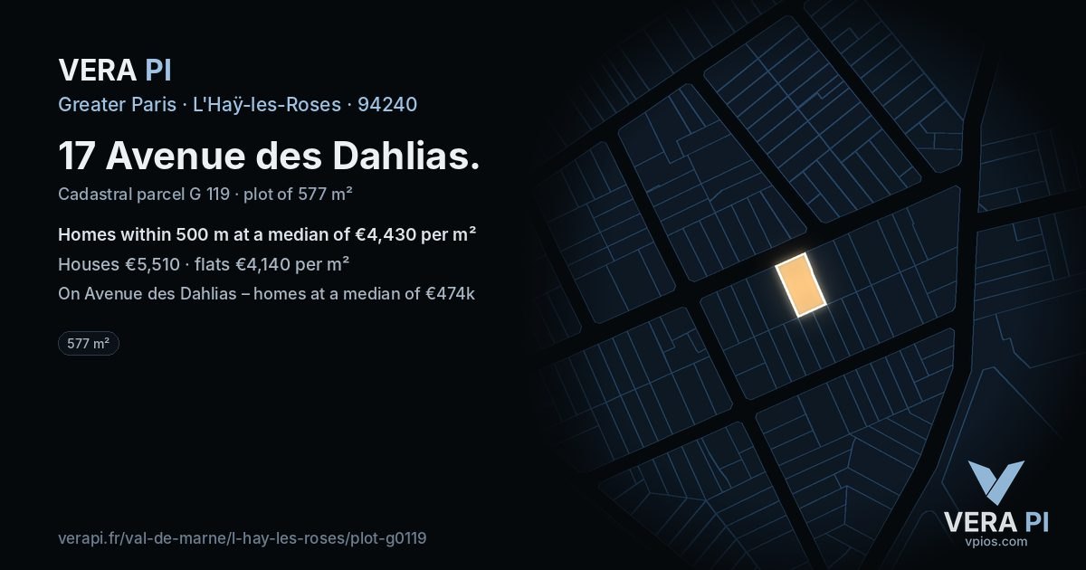 17 Avenue des Dahlias, L'Haÿ-les-Roses at night – the plot lit, the parcels around coloured by the prices near them