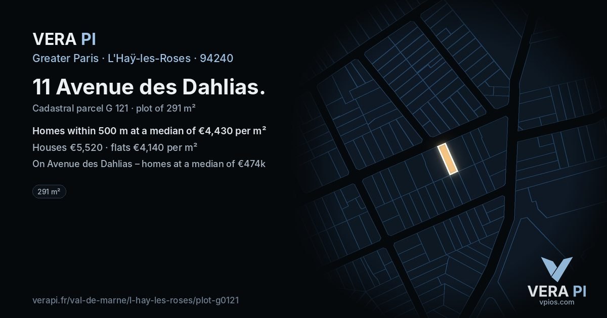 11 Avenue des Dahlias, L'Haÿ-les-Roses at night – the plot lit, the parcels around coloured by the prices near them