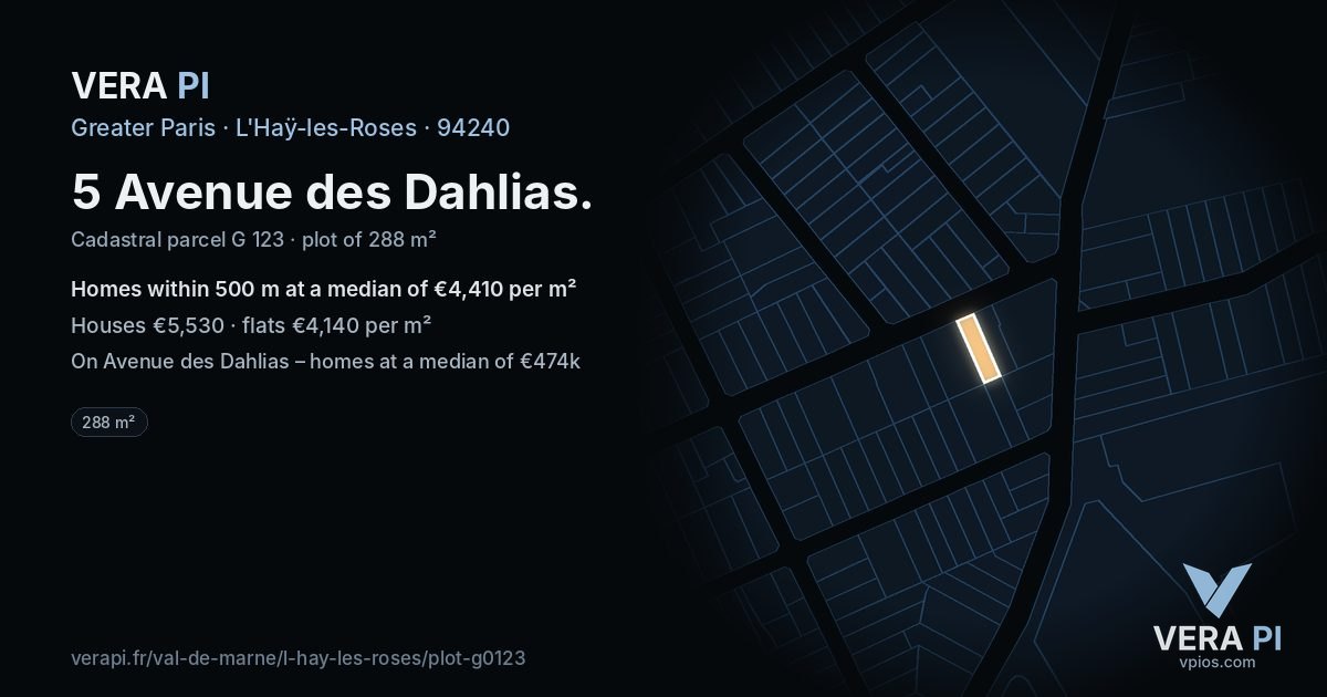 5 Avenue des Dahlias, L'Haÿ-les-Roses at night – the plot lit, the parcels around coloured by the prices near them