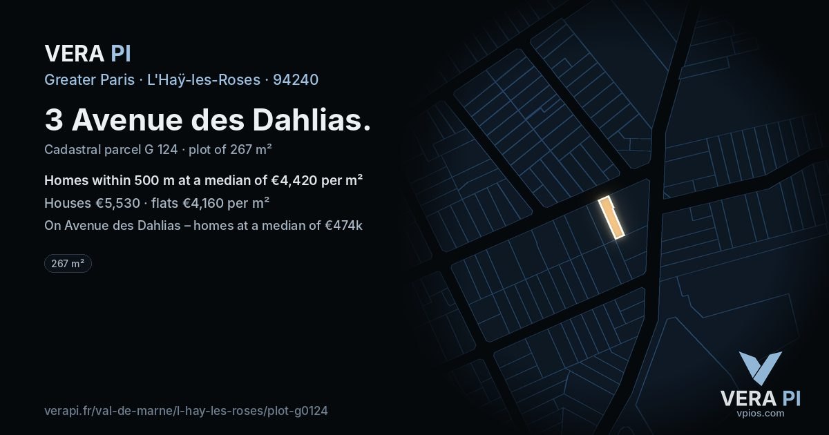 3 Avenue des Dahlias, L'Haÿ-les-Roses at night – the plot lit, the parcels around coloured by the prices near them