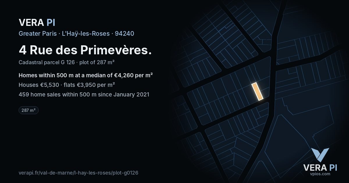 4 Rue des Primevères, L'Haÿ-les-Roses at night – the plot lit, the parcels around coloured by the prices near them