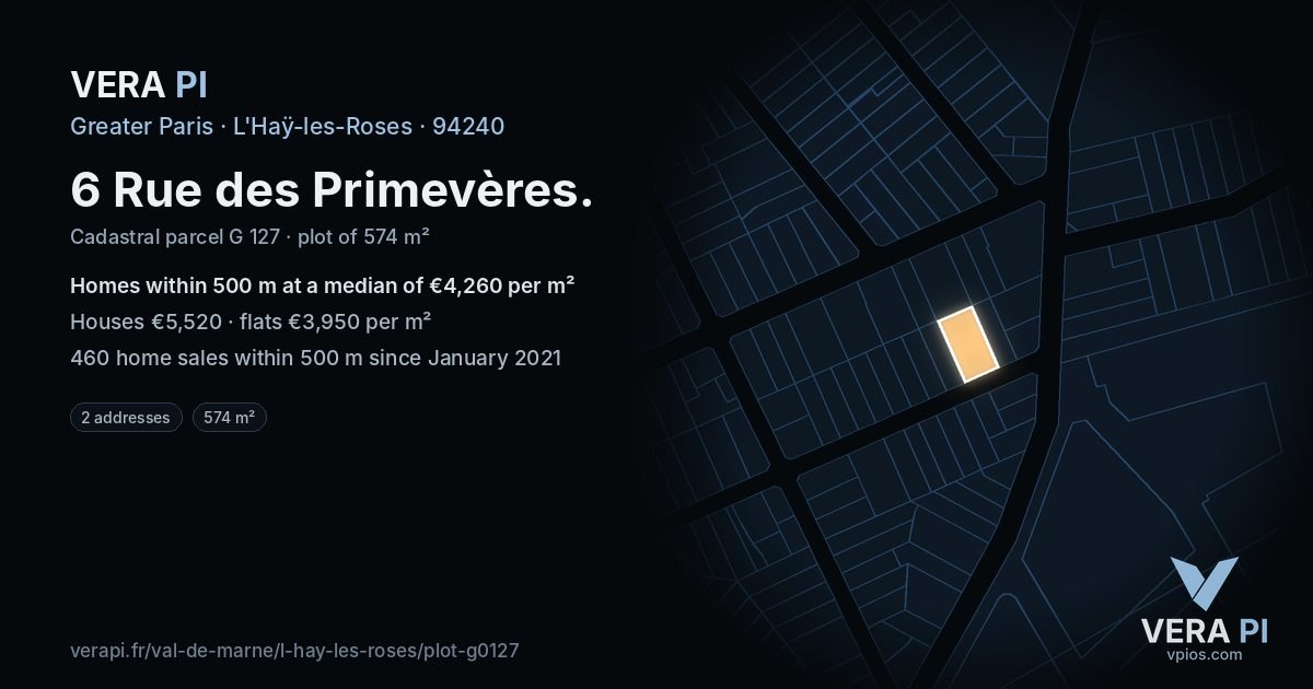 6 Rue des Primevères, L'Haÿ-les-Roses at night – the plot lit, the parcels around coloured by the prices near them