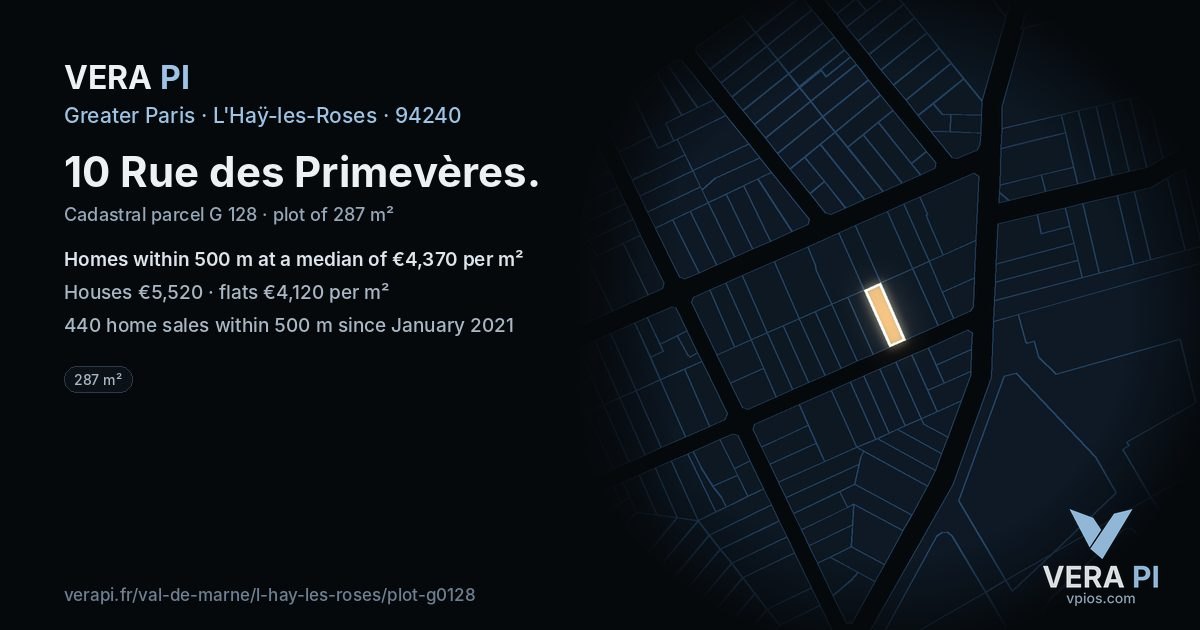 10 Rue des Primevères, L'Haÿ-les-Roses at night – the plot lit, the parcels around coloured by the prices near them