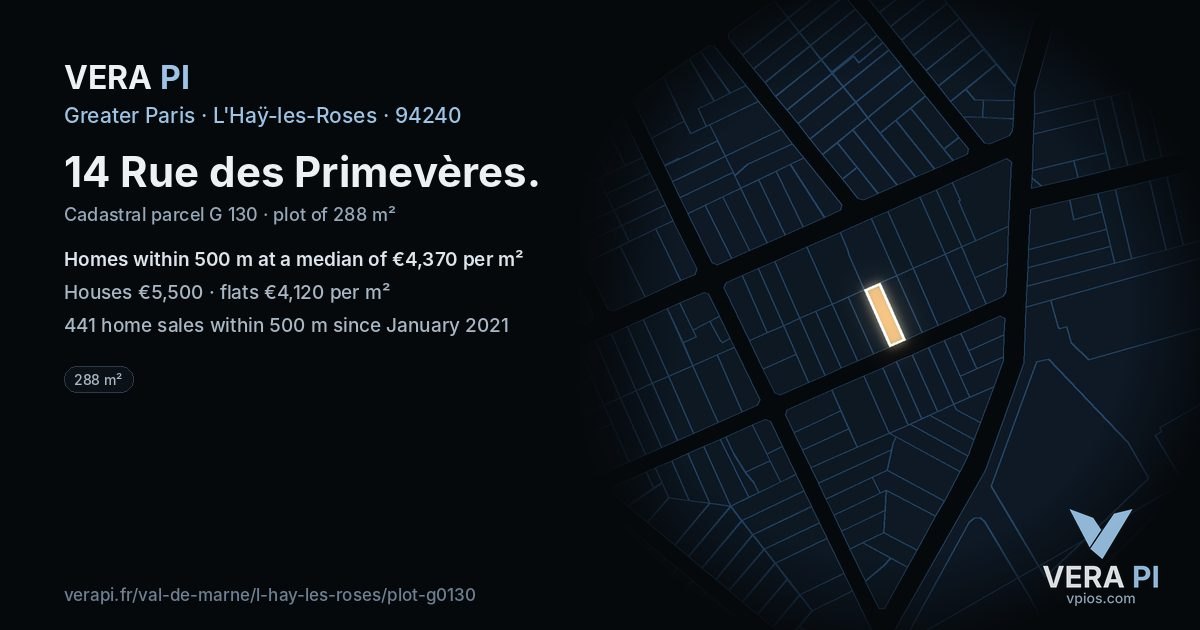 14 Rue des Primevères, L'Haÿ-les-Roses at night – the plot lit, the parcels around coloured by the prices near them