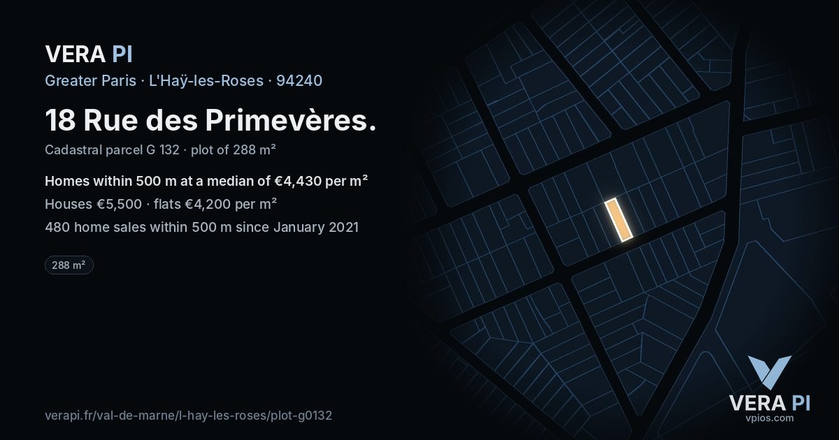 18 Rue des Primevères, L'Haÿ-les-Roses at night – the plot lit, the parcels around coloured by the prices near them
