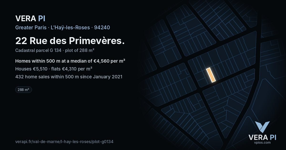 22 Rue des Primevères, L'Haÿ-les-Roses at night – the plot lit, the parcels around coloured by the prices near them