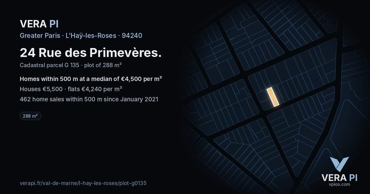 24 Rue des Primevères, L'Haÿ-les-Roses at night – the plot lit, the parcels around coloured by the prices near them
