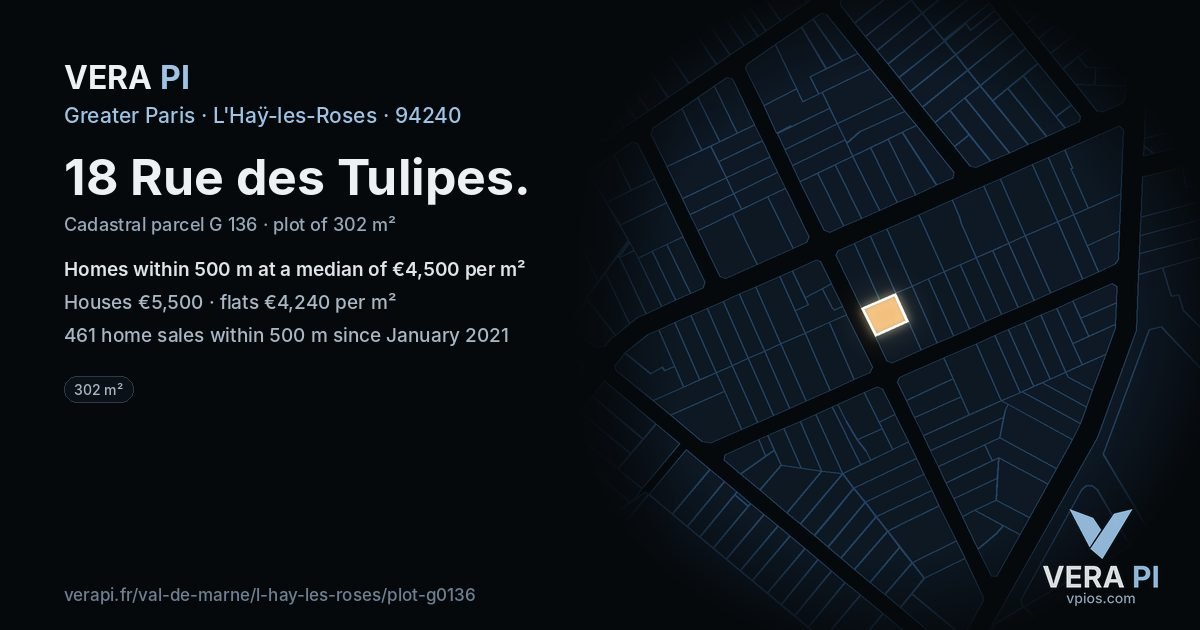 18 Rue des Tulipes, L'Haÿ-les-Roses at night – the plot lit, the parcels around coloured by the prices near them