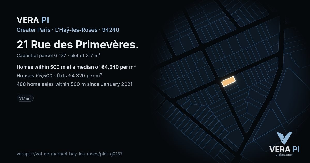 21 Rue des Primevères, L'Haÿ-les-Roses at night – the plot lit, the parcels around coloured by the prices near them