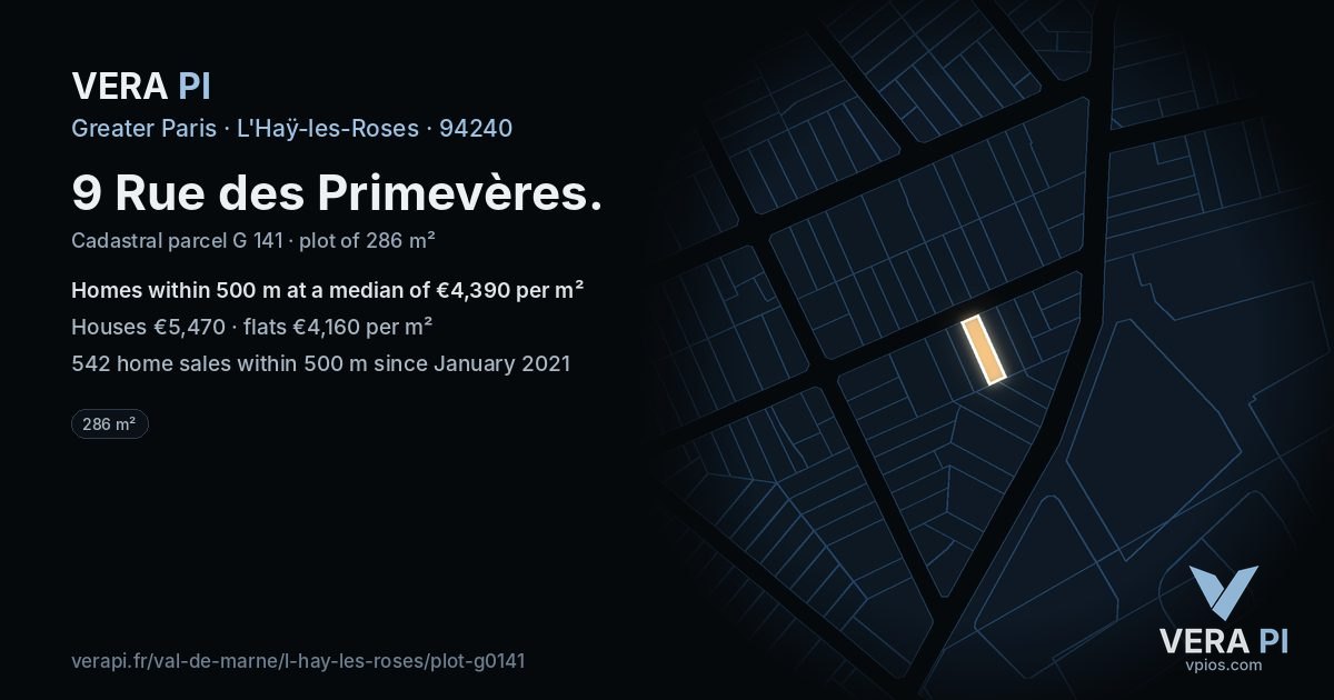 9 Rue des Primevères, L'Haÿ-les-Roses at night – the plot lit, the parcels around coloured by the prices near them