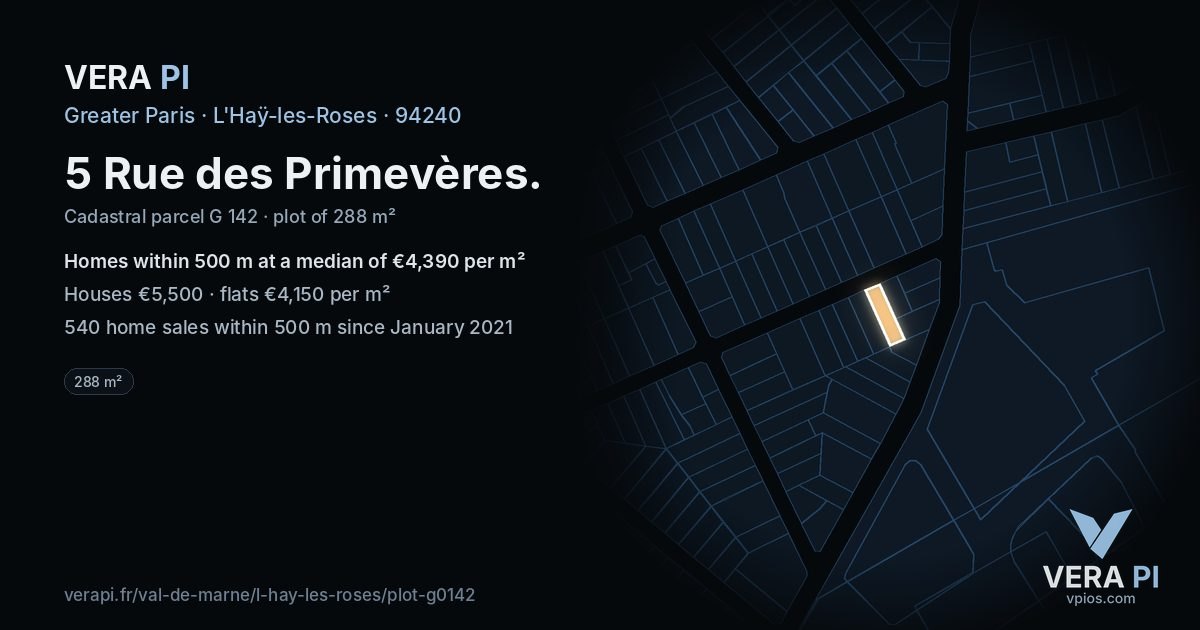 5 Rue des Primevères, L'Haÿ-les-Roses at night – the plot lit, the parcels around coloured by the prices near them