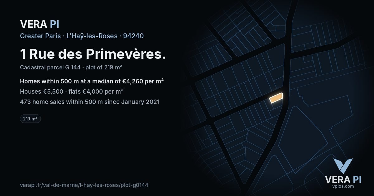 1 Rue des Primevères, L'Haÿ-les-Roses at night – the plot lit, the parcels around coloured by the prices near them