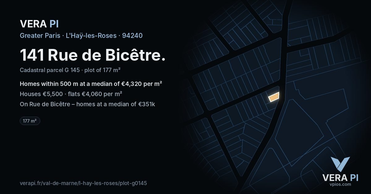 141 Rue de Bicêtre, L'Haÿ-les-Roses at night – the plot lit, the parcels around coloured by the prices near them