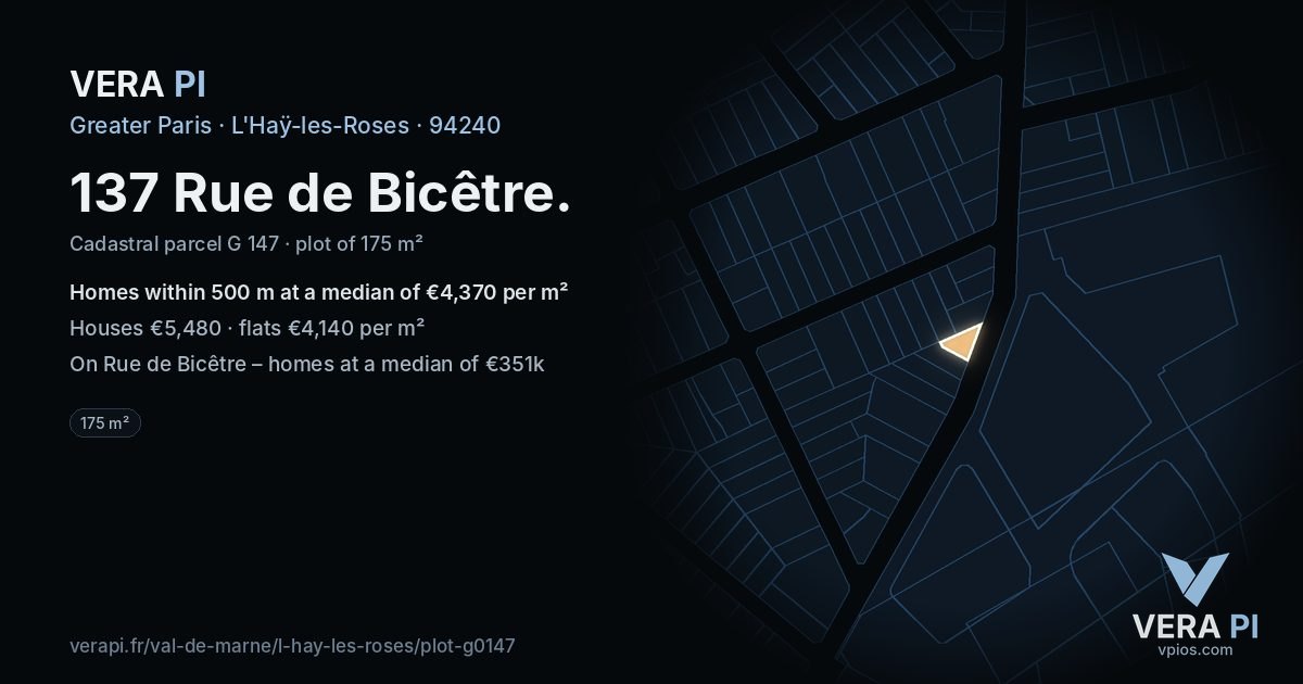 137 Rue de Bicêtre, L'Haÿ-les-Roses at night – the plot lit, the parcels around coloured by the prices near them