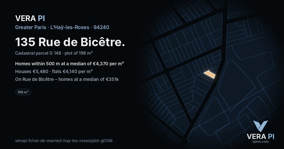 135 Rue de Bicêtre, L'Haÿ-les-Roses at night – the plot lit, the parcels around coloured by the prices near them