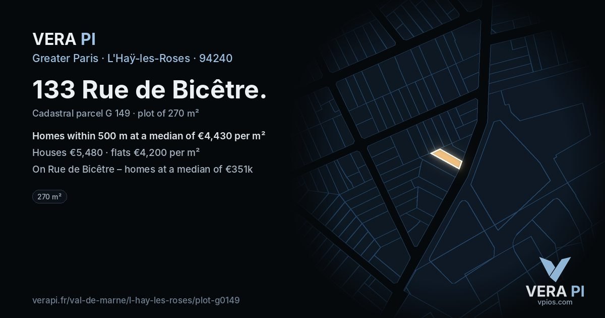 133 Rue de Bicêtre, L'Haÿ-les-Roses at night – the plot lit, the parcels around coloured by the prices near them