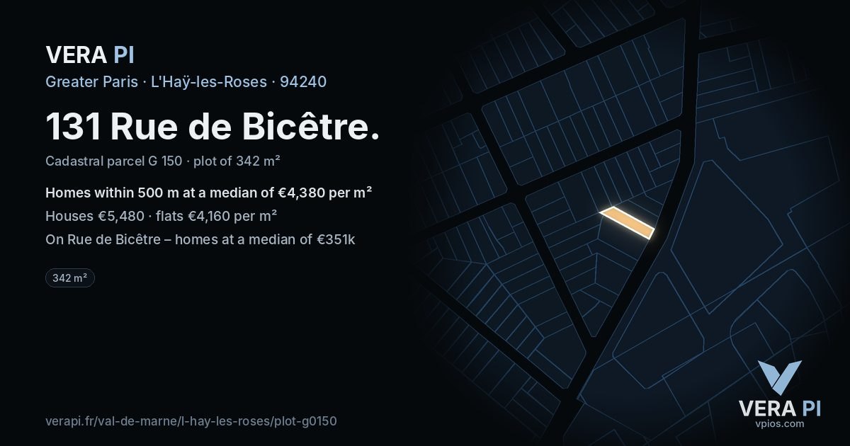 131 Rue de Bicêtre, L'Haÿ-les-Roses at night – the plot lit, the parcels around coloured by the prices near them