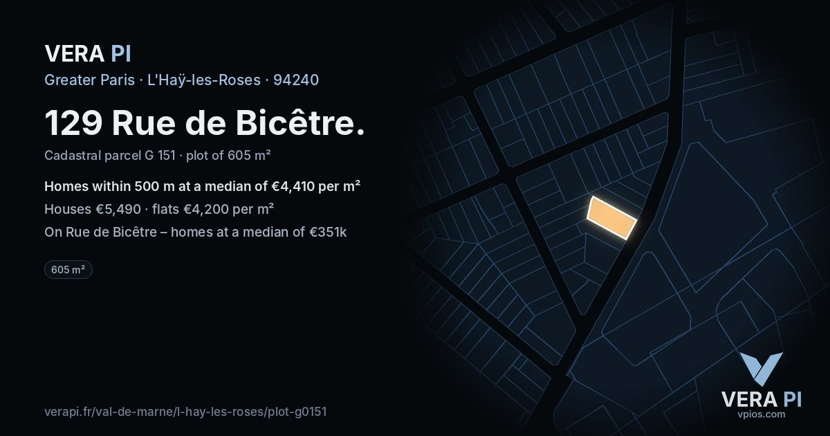129 Rue de Bicêtre, L'Haÿ-les-Roses at night – the plot lit, the parcels around coloured by the prices near them