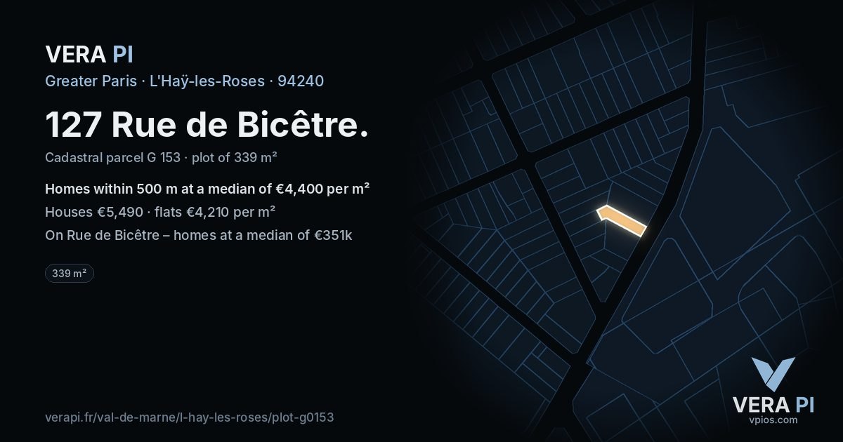 127 Rue de Bicêtre, L'Haÿ-les-Roses at night – the plot lit, the parcels around coloured by the prices near them