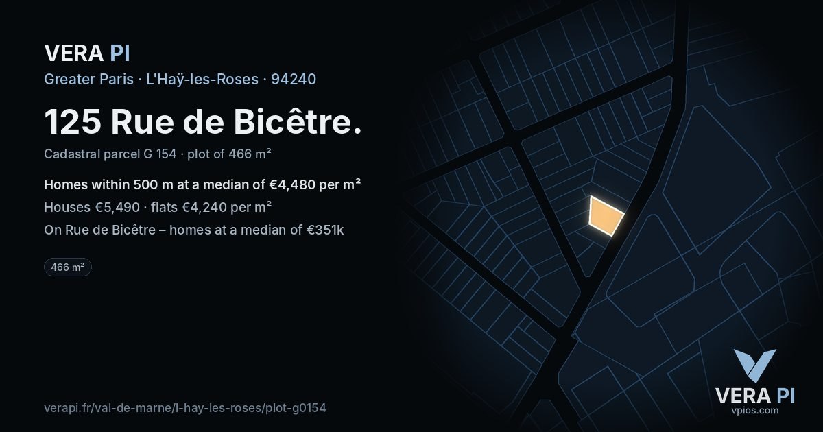 125 Rue de Bicêtre, L'Haÿ-les-Roses at night – the plot lit, the parcels around coloured by the prices near them