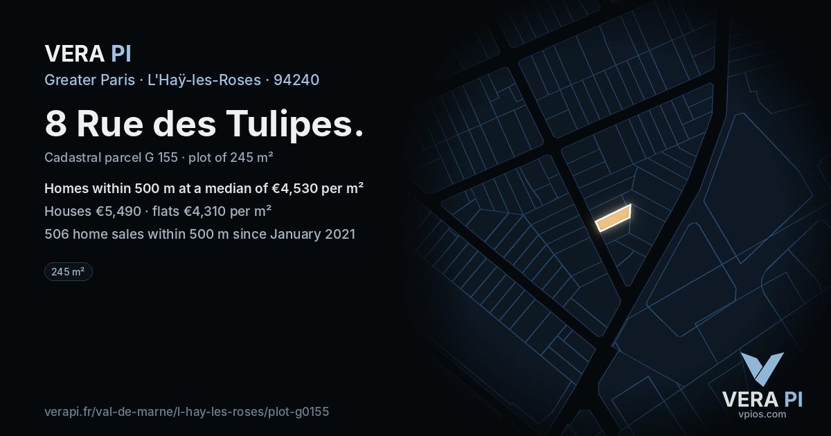 8 Rue des Tulipes, L'Haÿ-les-Roses at night – the plot lit, the parcels around coloured by the prices near them