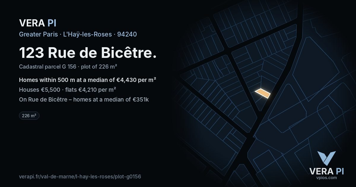 123 Rue de Bicêtre, L'Haÿ-les-Roses at night – the plot lit, the parcels around coloured by the prices near them